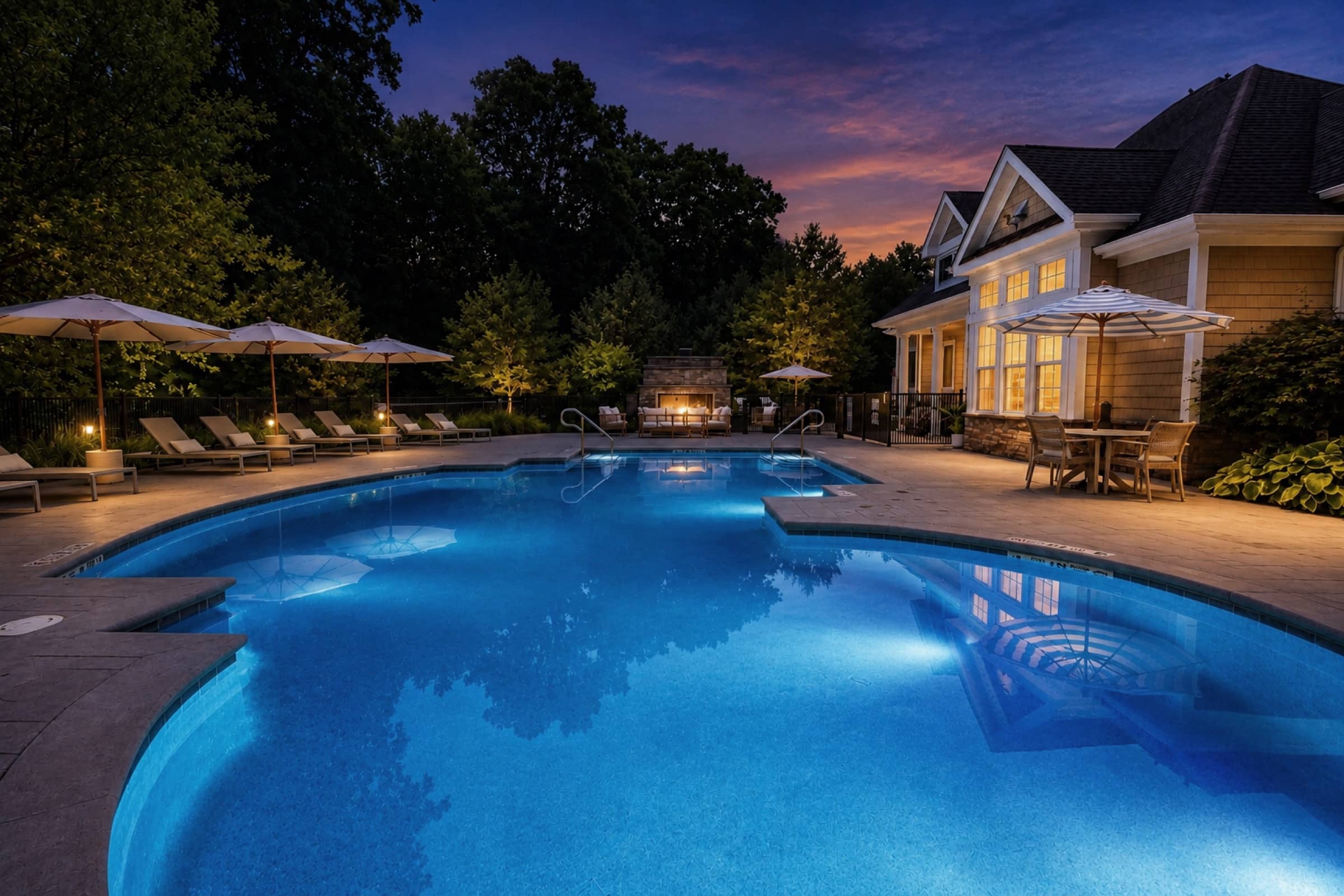 The pool at White Oaks lit at dusk