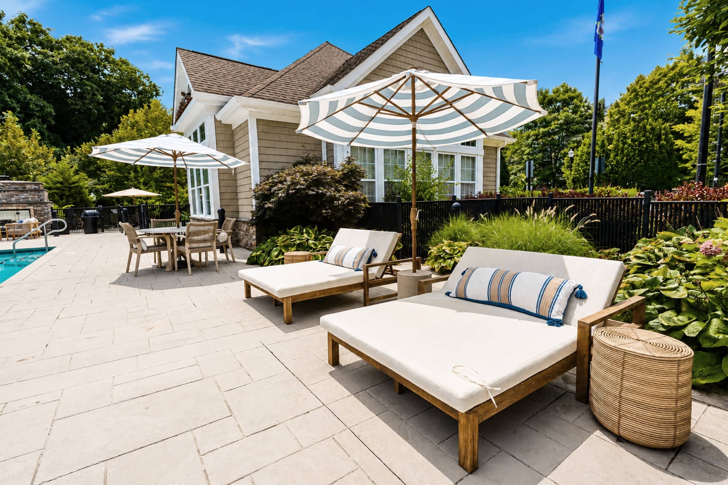 Poolside daybeds and lounge chairs under a striped umbrella at White Oaks