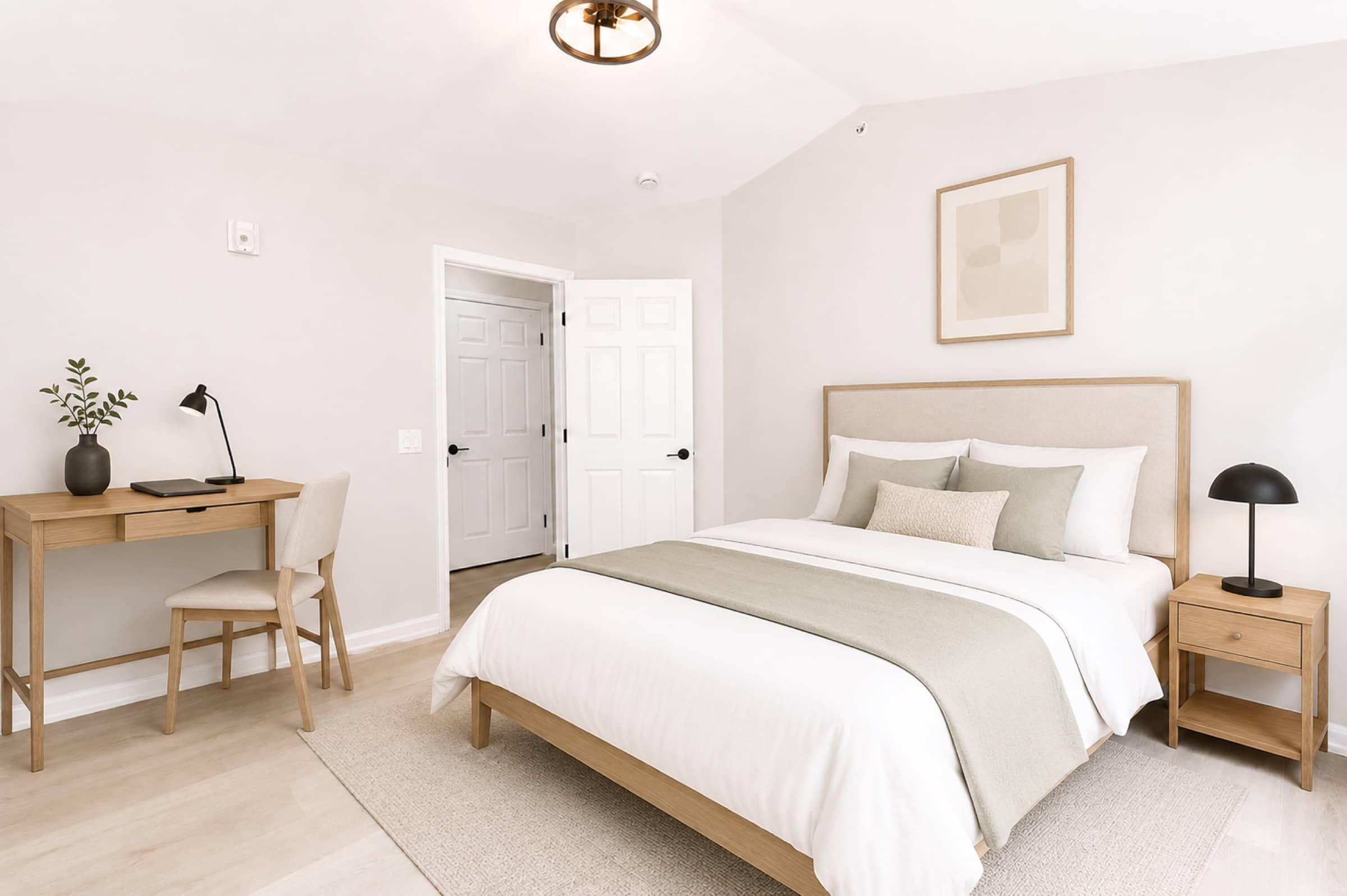 Second bedroom under a vaulted ceiling with desk nook at White Oaks (virtually staged)