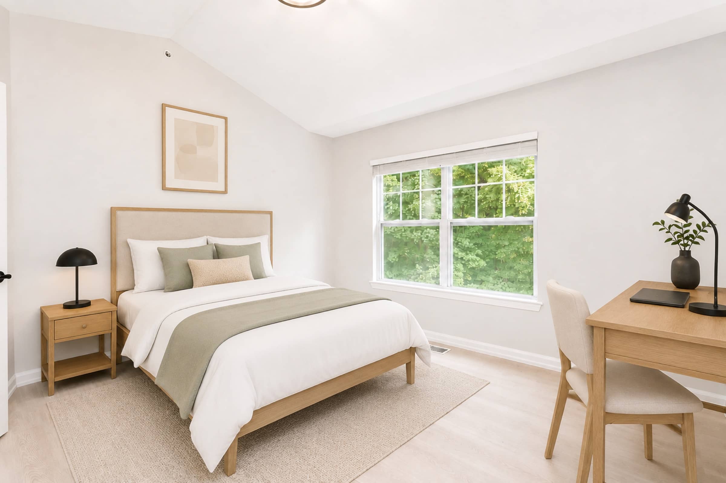 Bedroom with window light and workspace at White Oaks (virtually staged)