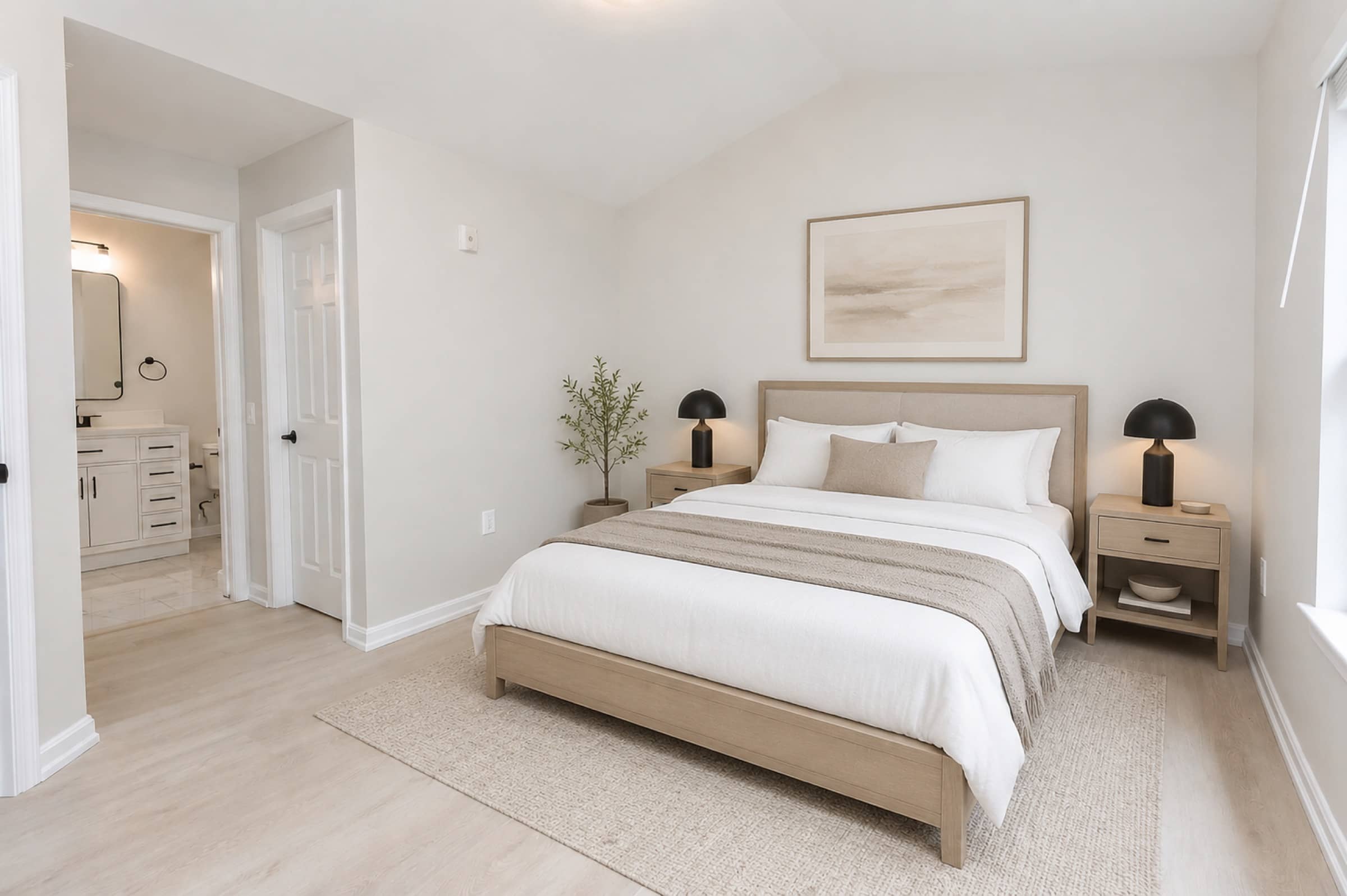 Primary bedroom with ensuite bath (virtually staged)