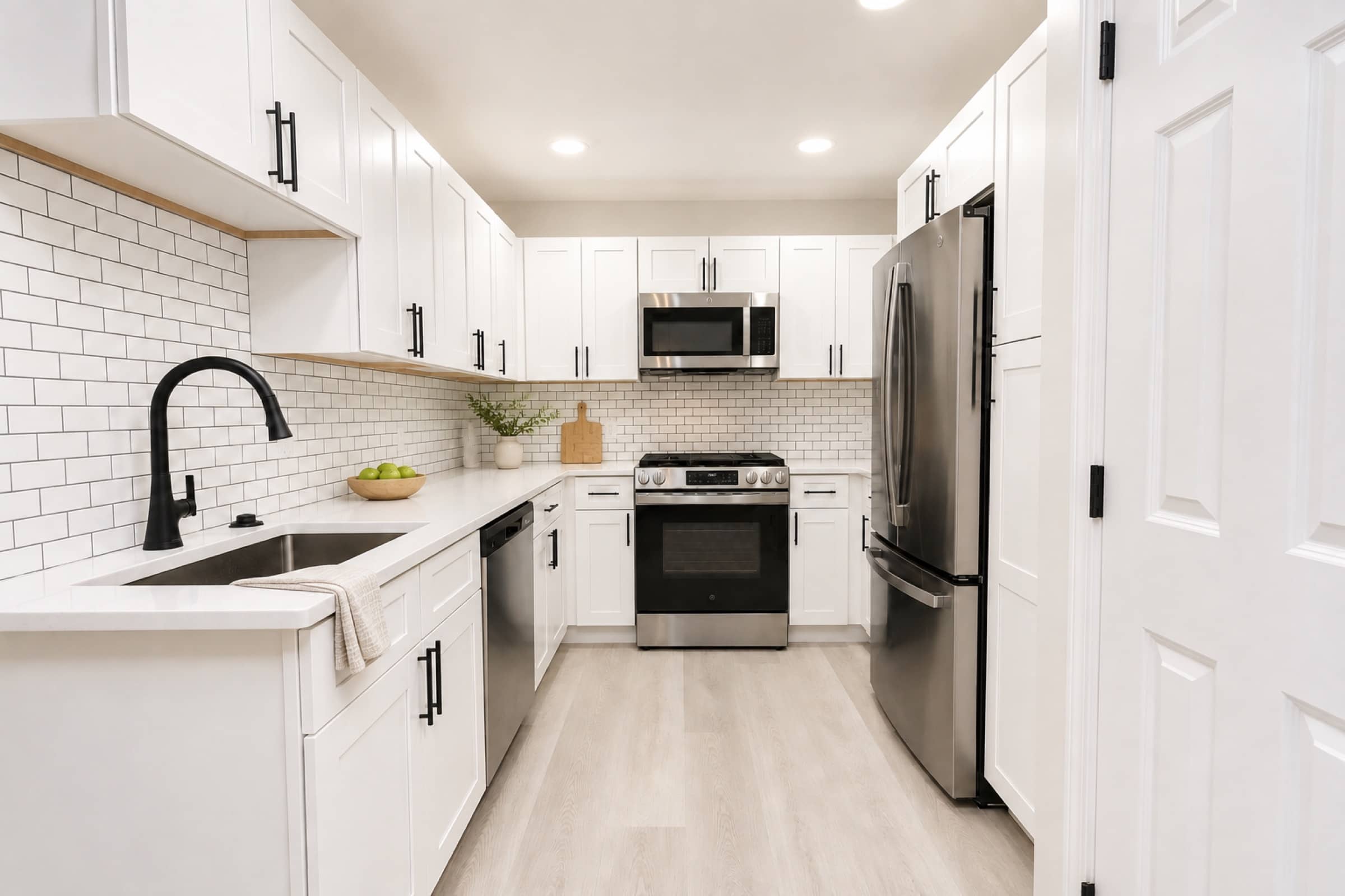 Renovated kitchen — white shaker cabinets, subway tile, stainless appliances (virtually staged)