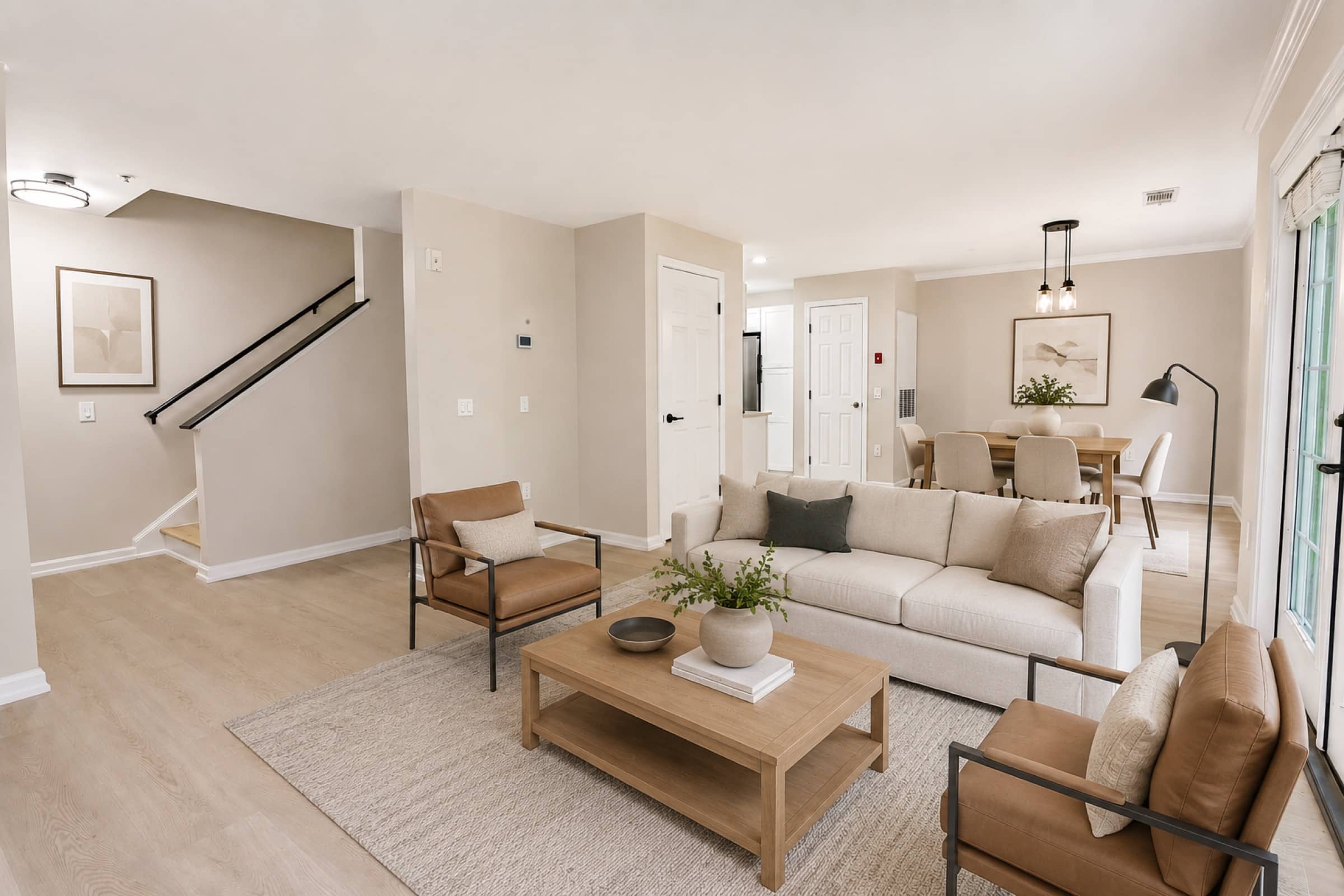 Living room looking to the dining area and stairs in a White Oaks townhome (virtually staged)