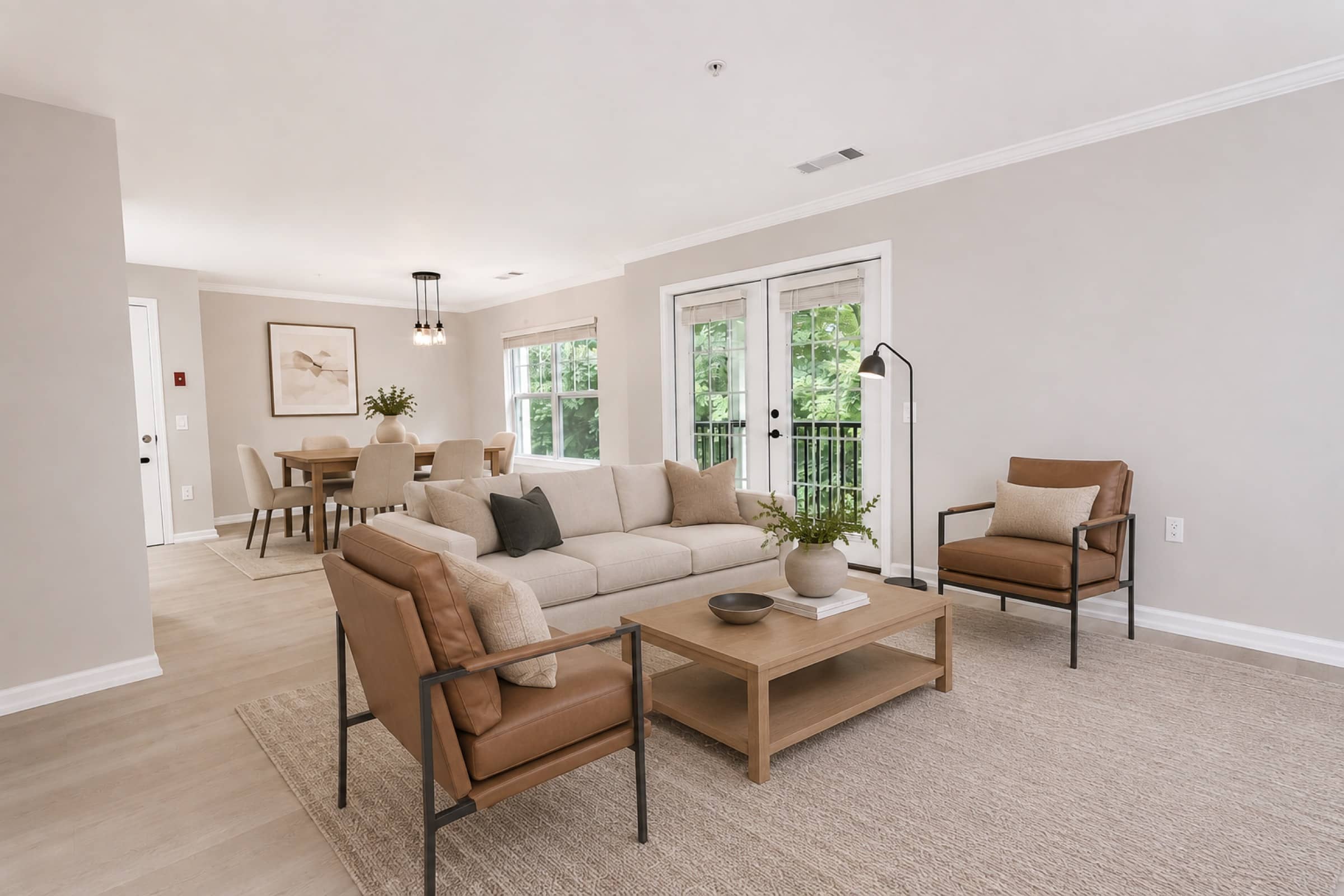 Open living and dining room, French doors to the deck (virtually staged)