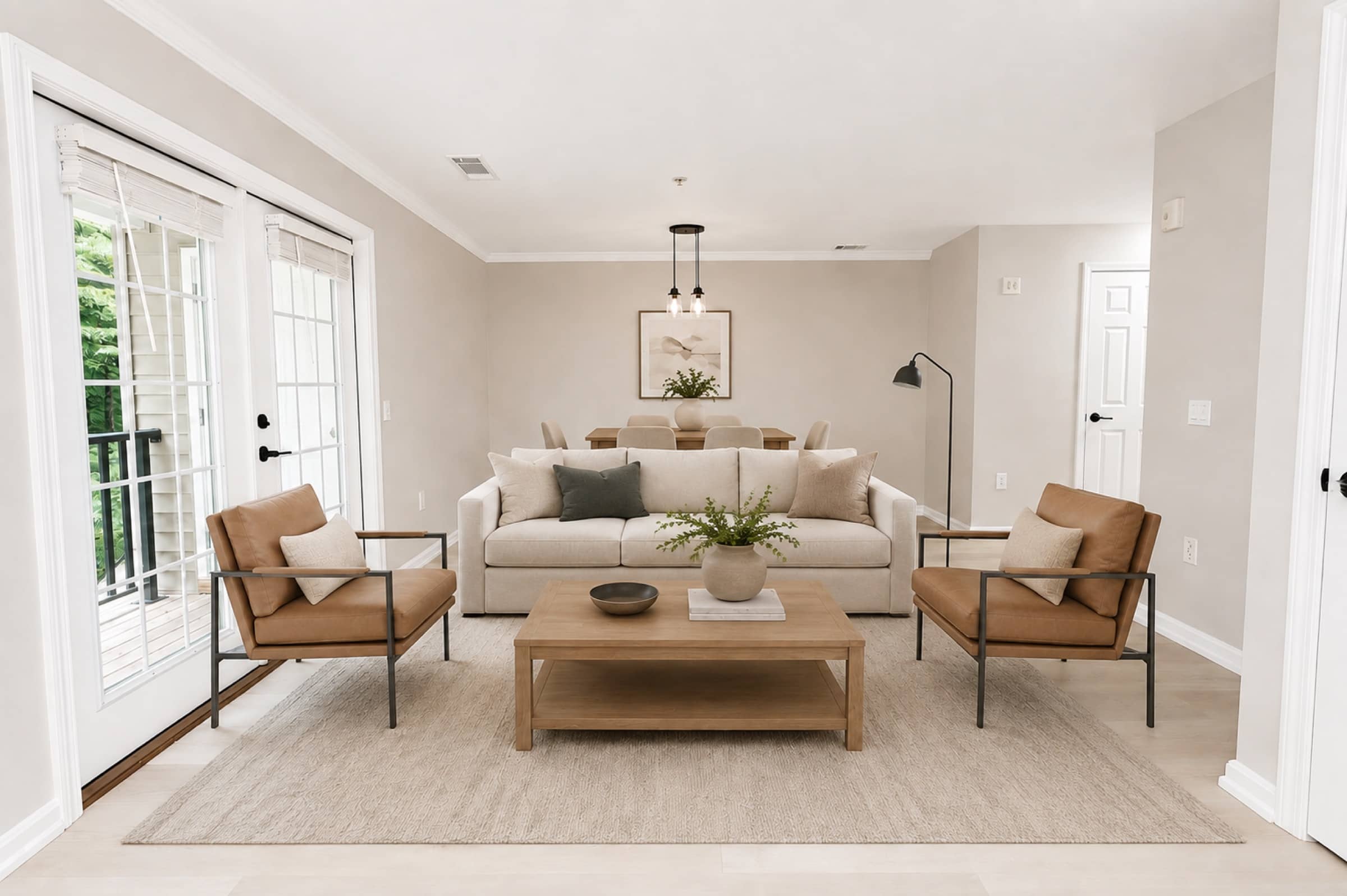 Living room with French doors in a White Oaks townhome (virtually staged)