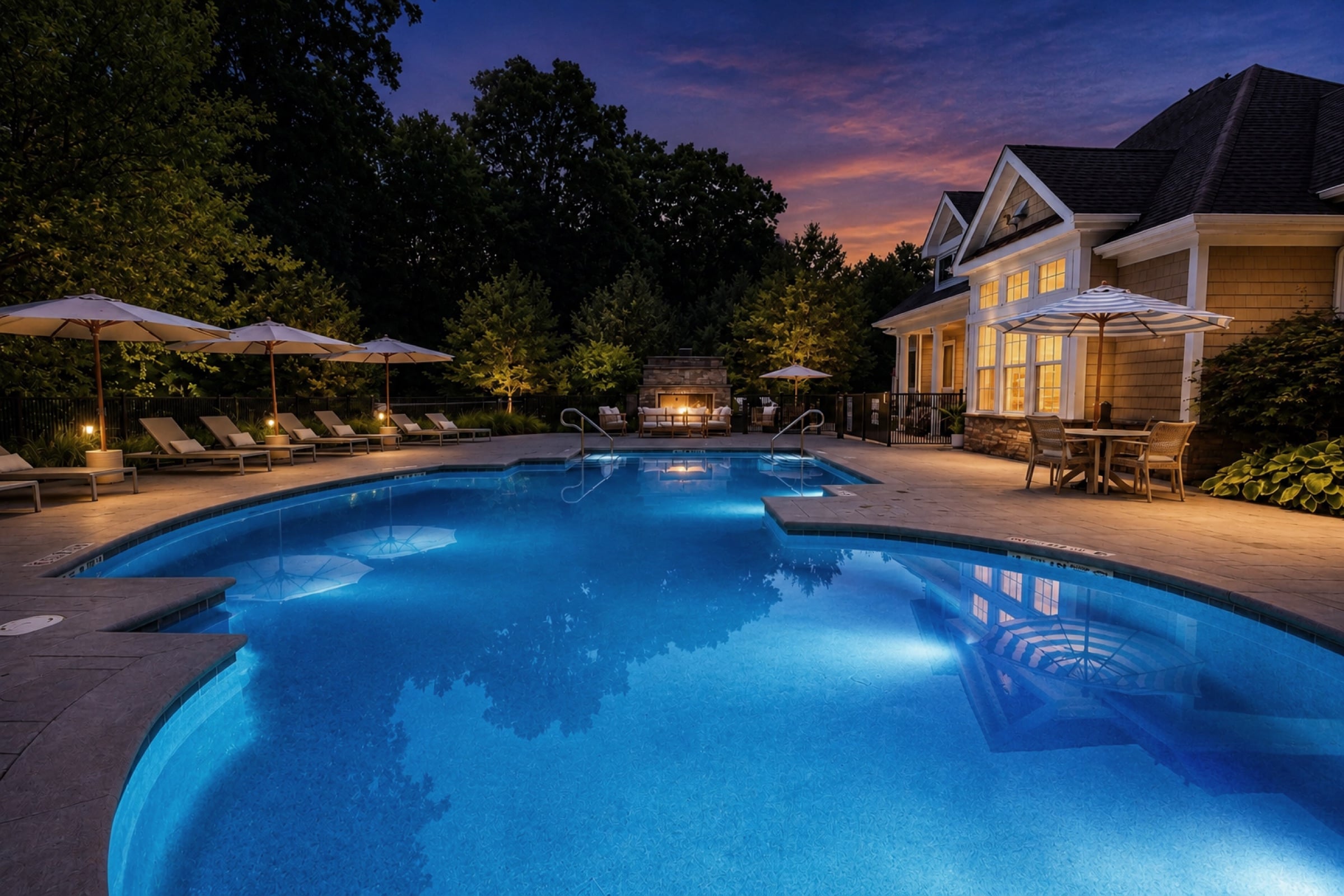 The pool at White Oaks at Wilton lit at dusk