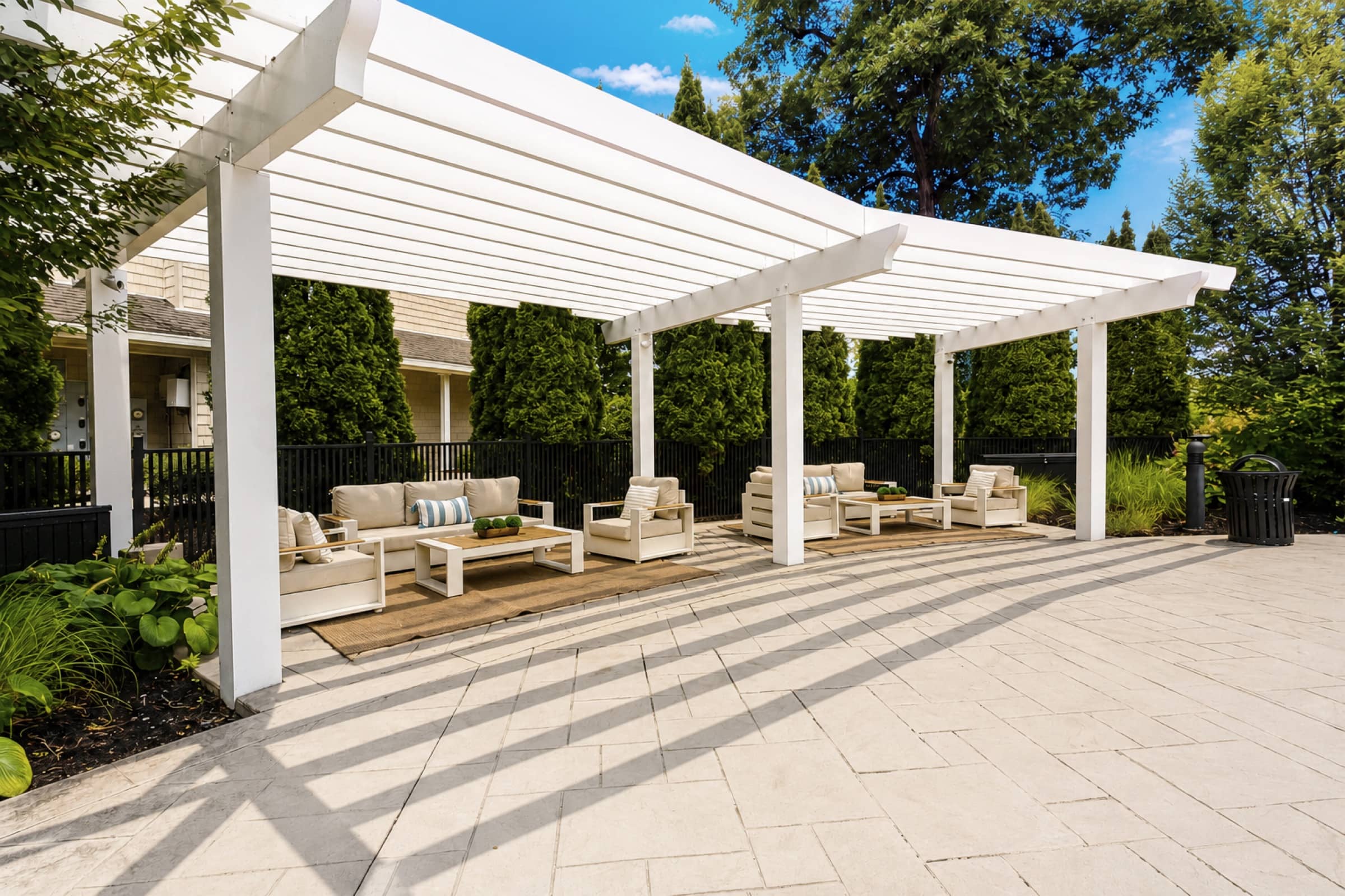 Pergola lounge at White Oaks, in Wilton's school district