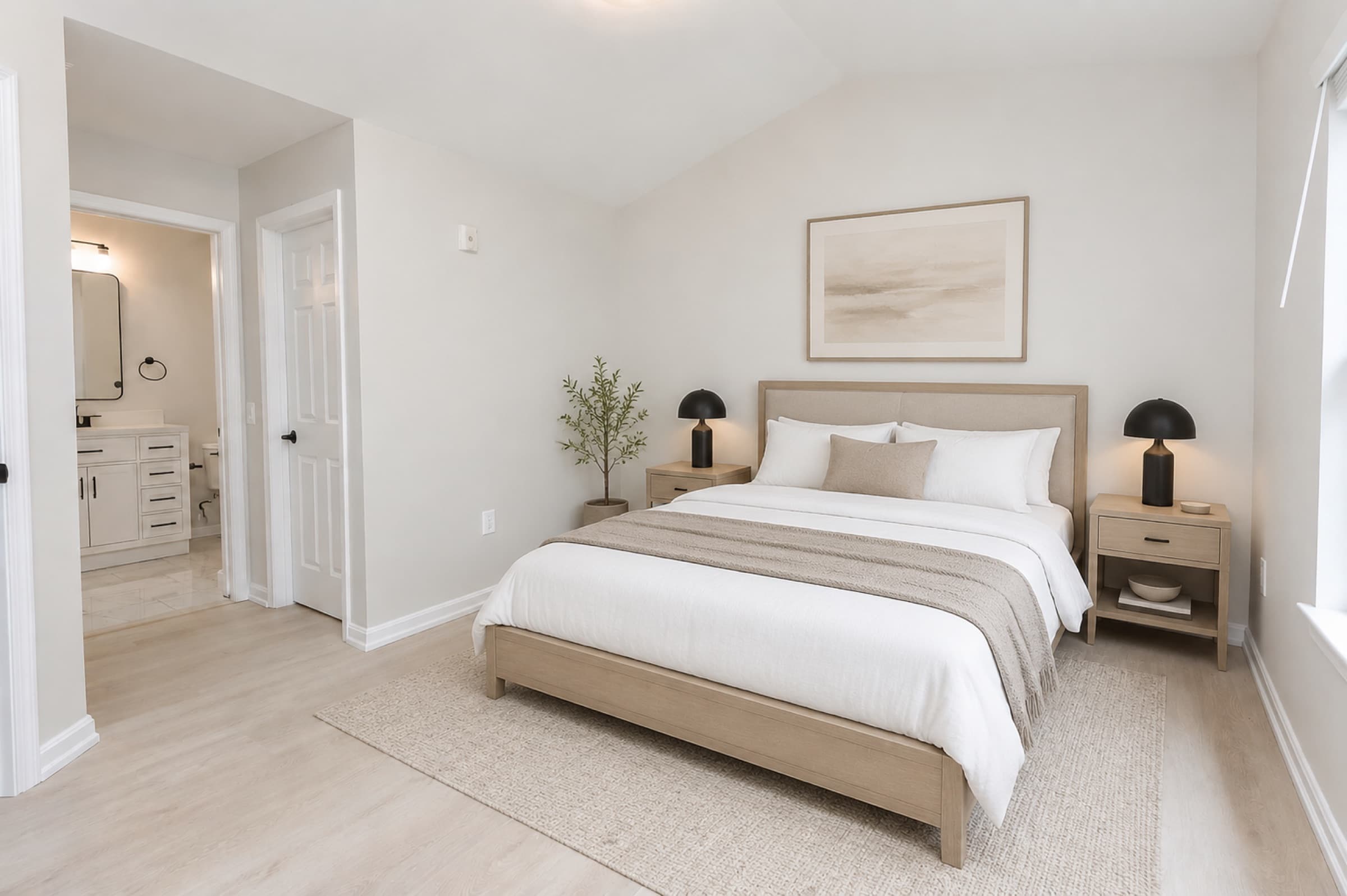 Primary bedroom upstairs in a White Oaks townhome (virtually staged)